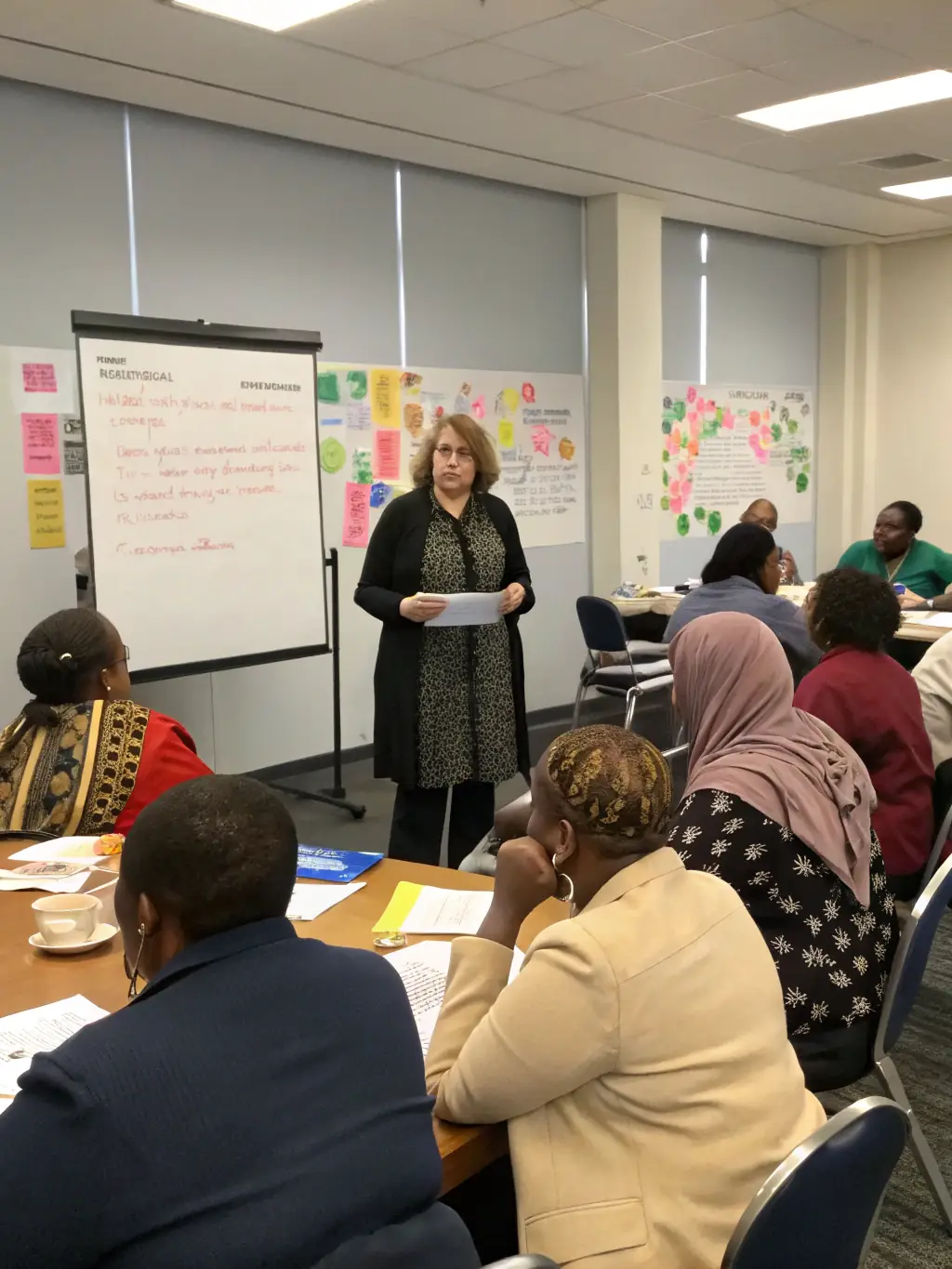 A photograph of Claire Cox leading a workshop on SEND policy development, with participants actively engaged in discussion.