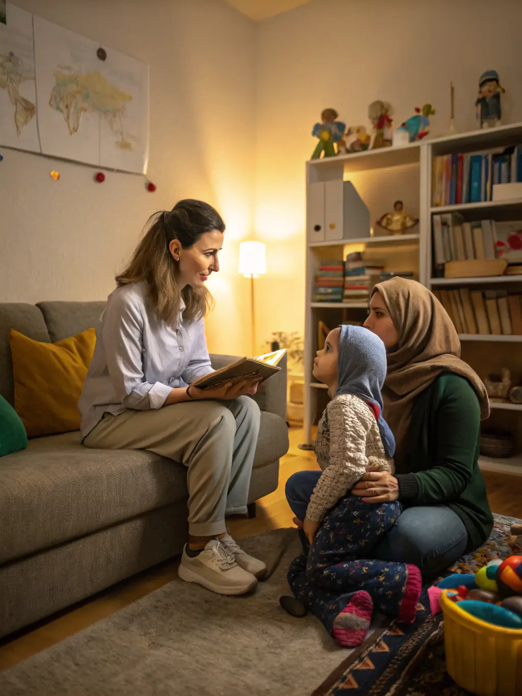 A compassionate scene of a psychologist providing trauma-informed support to a refugee family, emphasizing empathy and understanding.