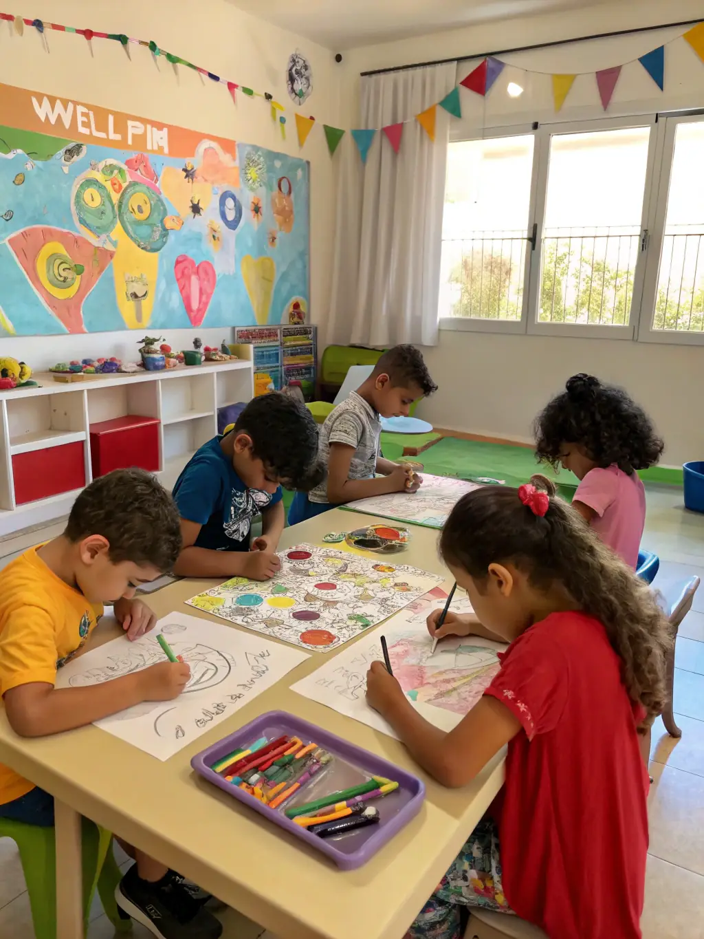 A serene image of children participating in a therapeutic art session, symbolizing mental health support.